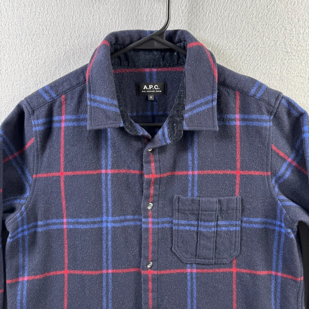 APC Shirt Mens Medium (Fits Small) Wool Blend Flannel Blue Plaid Button Up